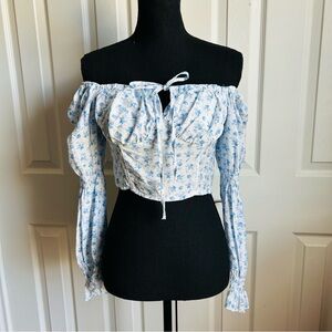 Suite 2939 White and blue floral long puff sleeve milkmaid cottagecore top